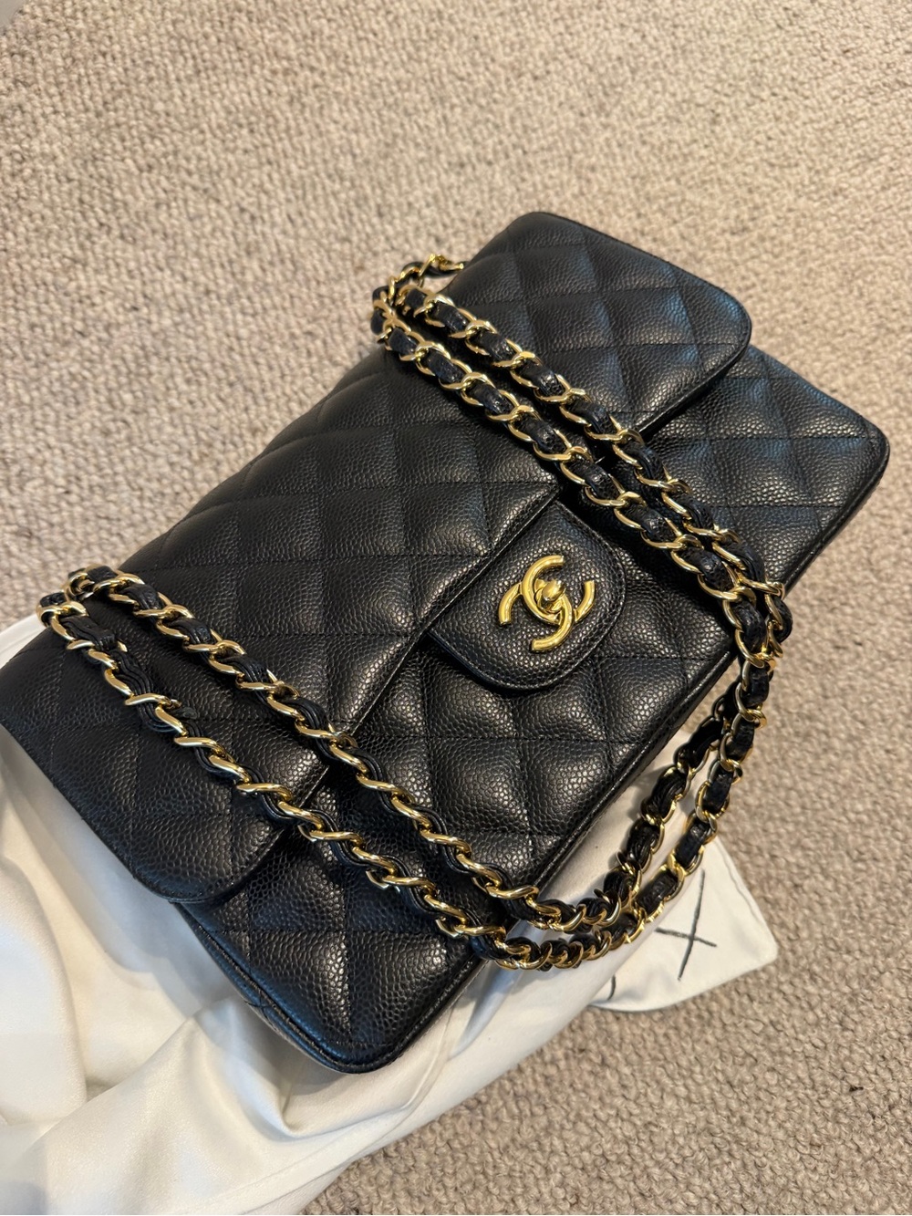 CHANEL Black Quilted Double Flap Shoulder Bag with Gold Hardware